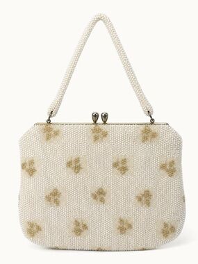 Beaded Floral Kisslock Handbag White Gold Vintage-Style Evening Purse